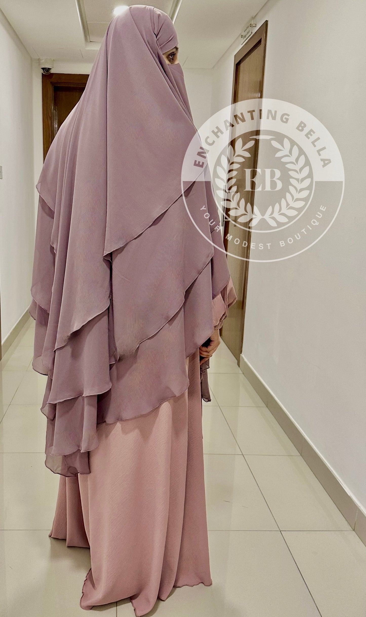 3 Layer Diamond Cut Khimar with Abaya (set) - Dusty Pink