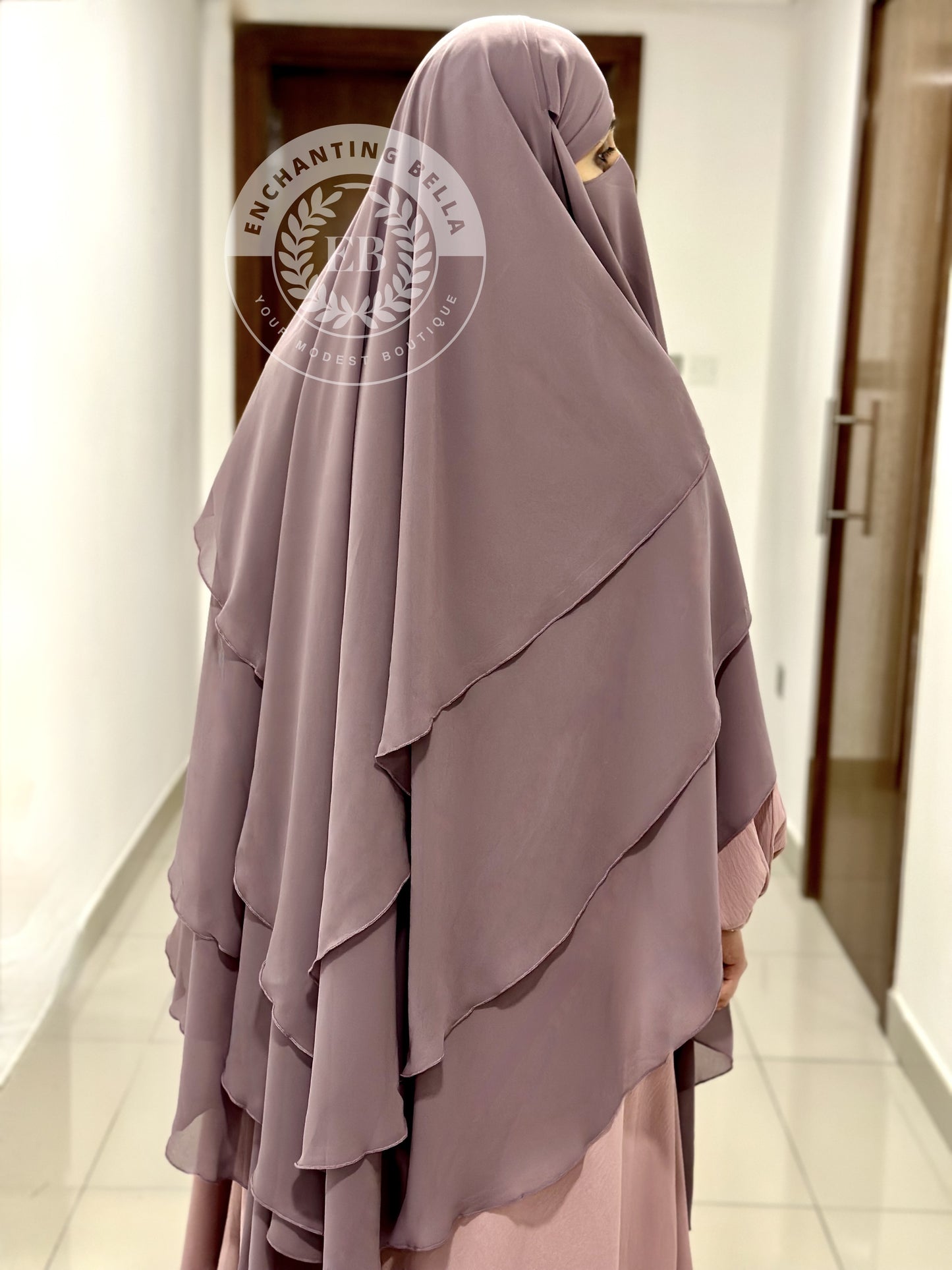 3 Layer Diamond Cut Khimar with Abaya (set) - Dusty Pink