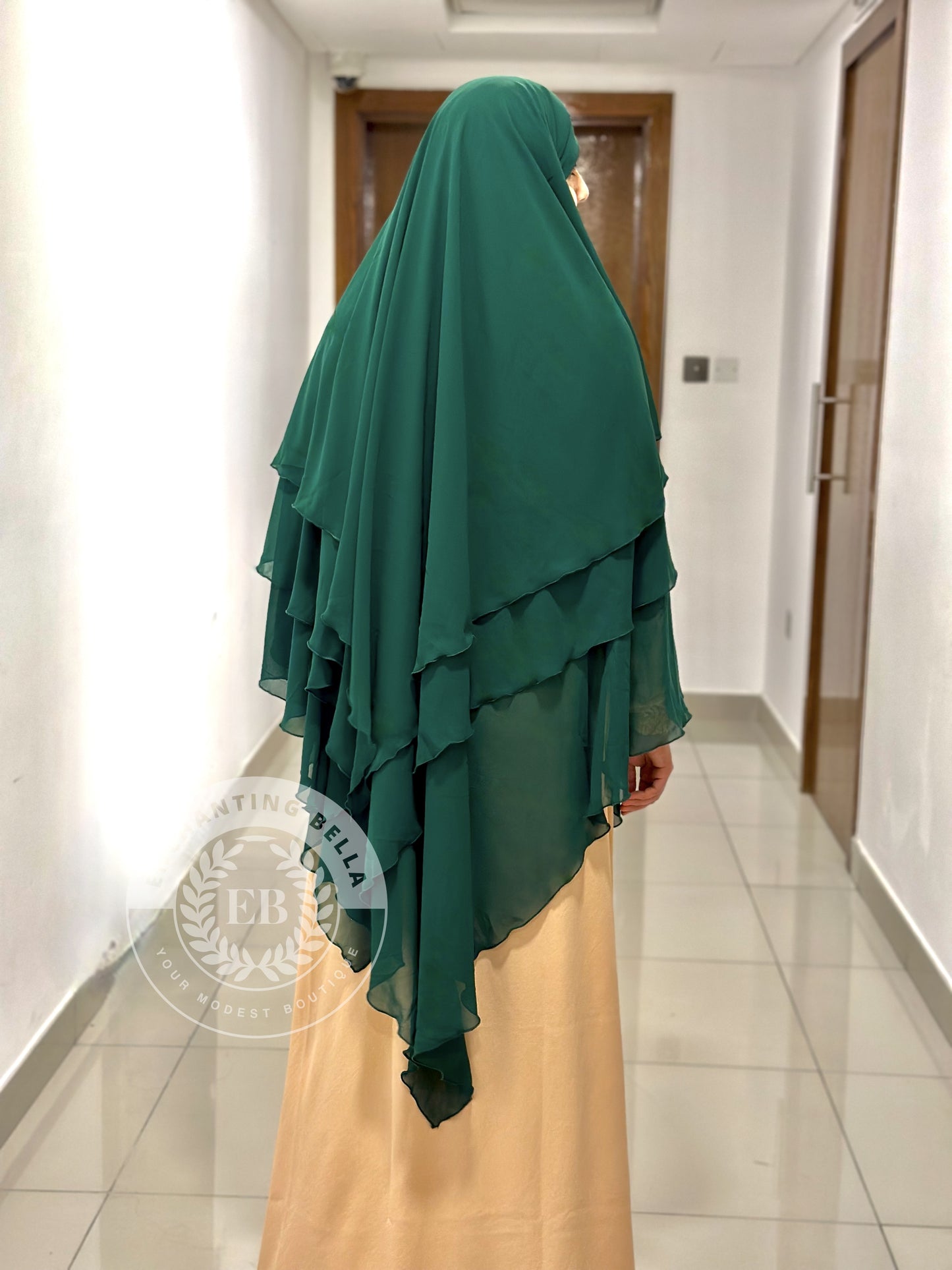 3 Layer Diamond Cut Khimar with Abaya (set) - Pine Green