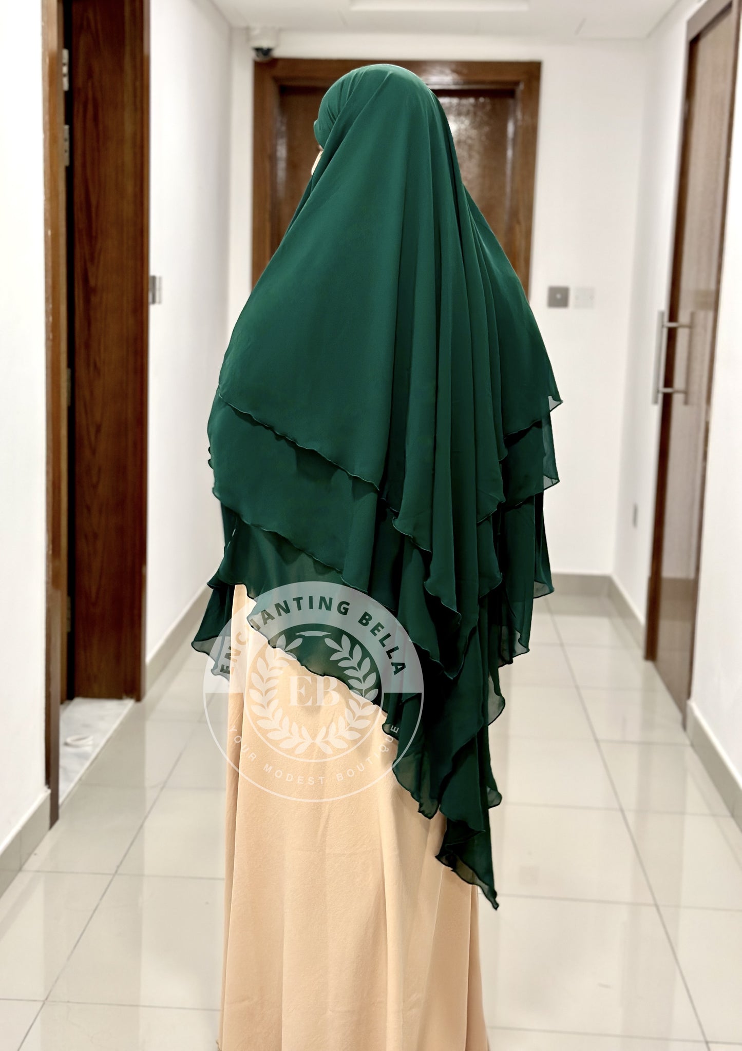 3 Layer Diamond Cut Khimar with Abaya (set) - Pine Green