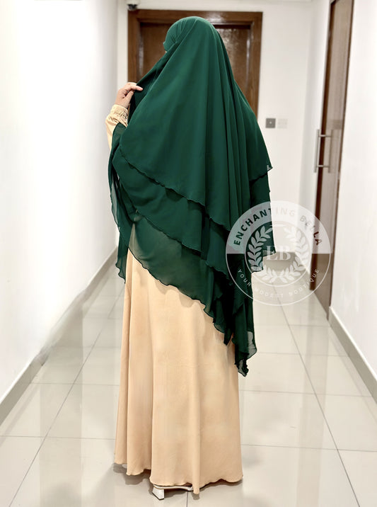 3 Layer Diamond Cut Khimar with Abaya (set) - Pine Green