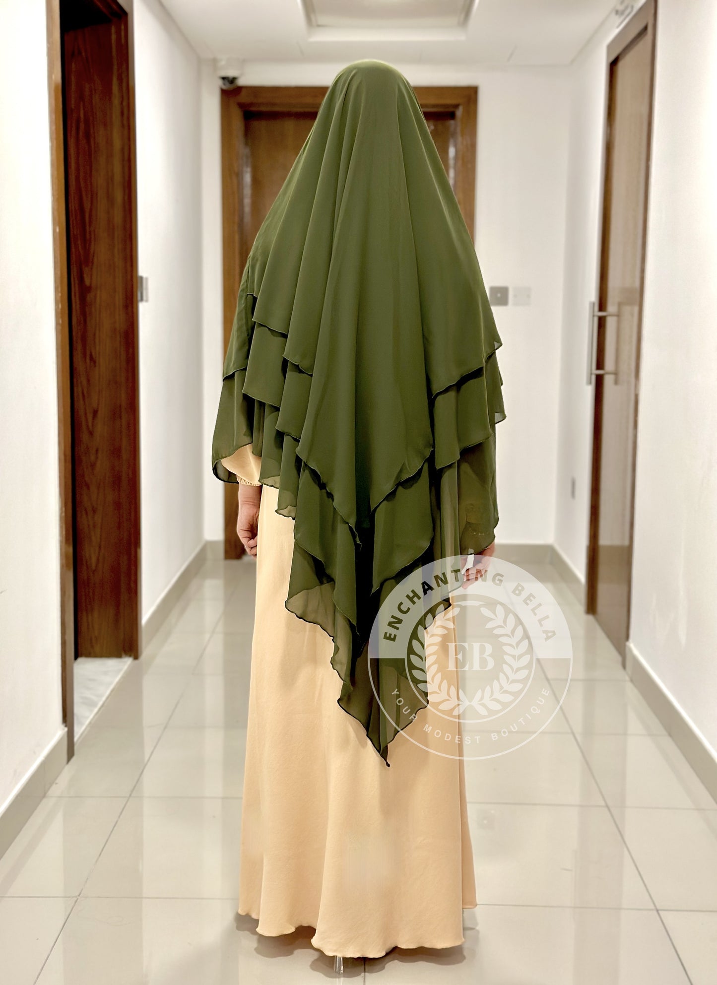 3 Layer Diamond Cut Khimar with Abaya (set) - Olive Green