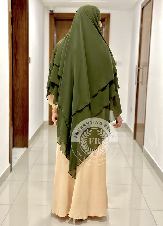 3 Layer Diamond Cut Khimar with Abaya (set) - Olive Green