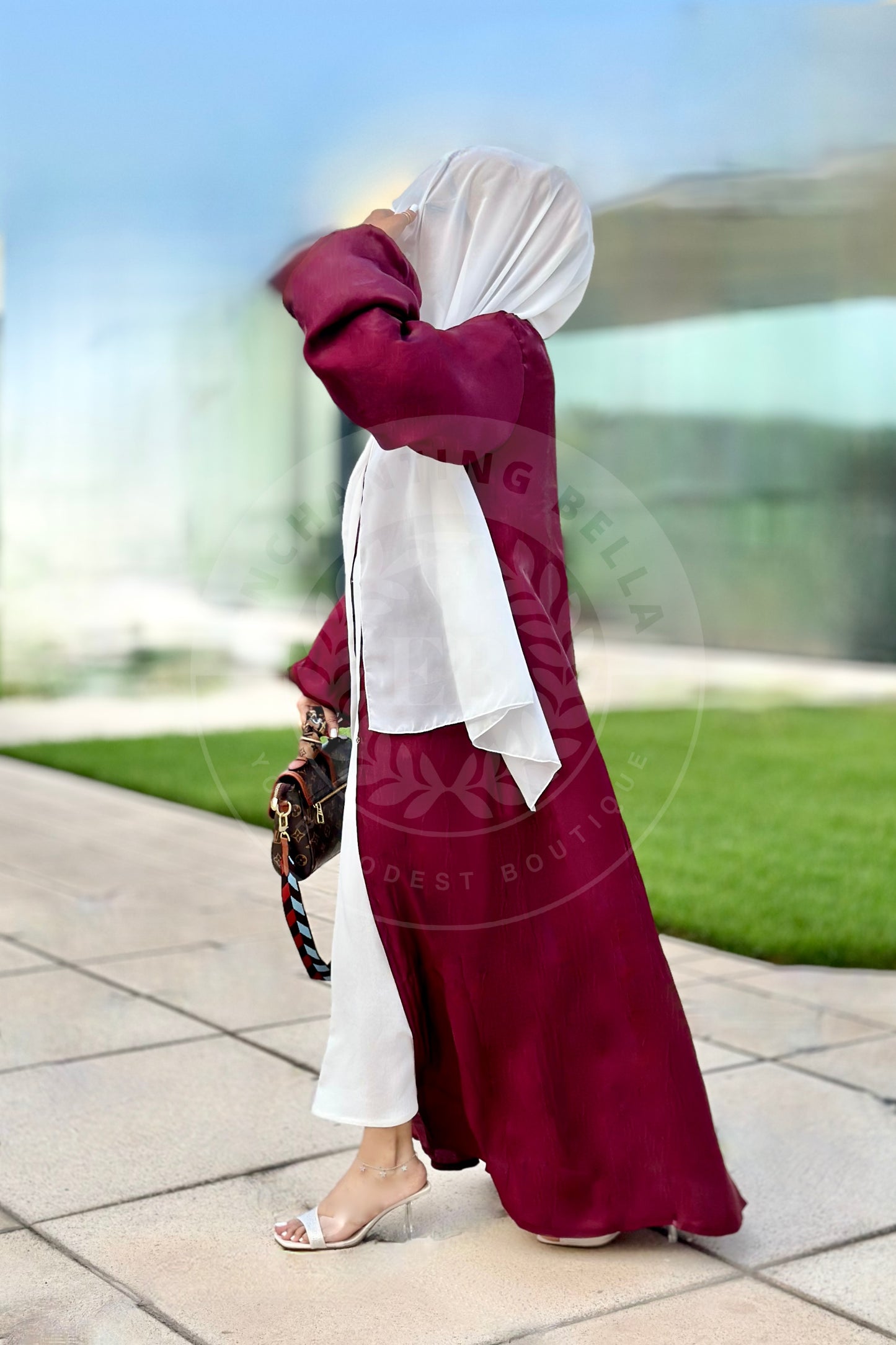 Maroon - Rotana Shimmer Balloon Sleeve Abaya with White under-dress