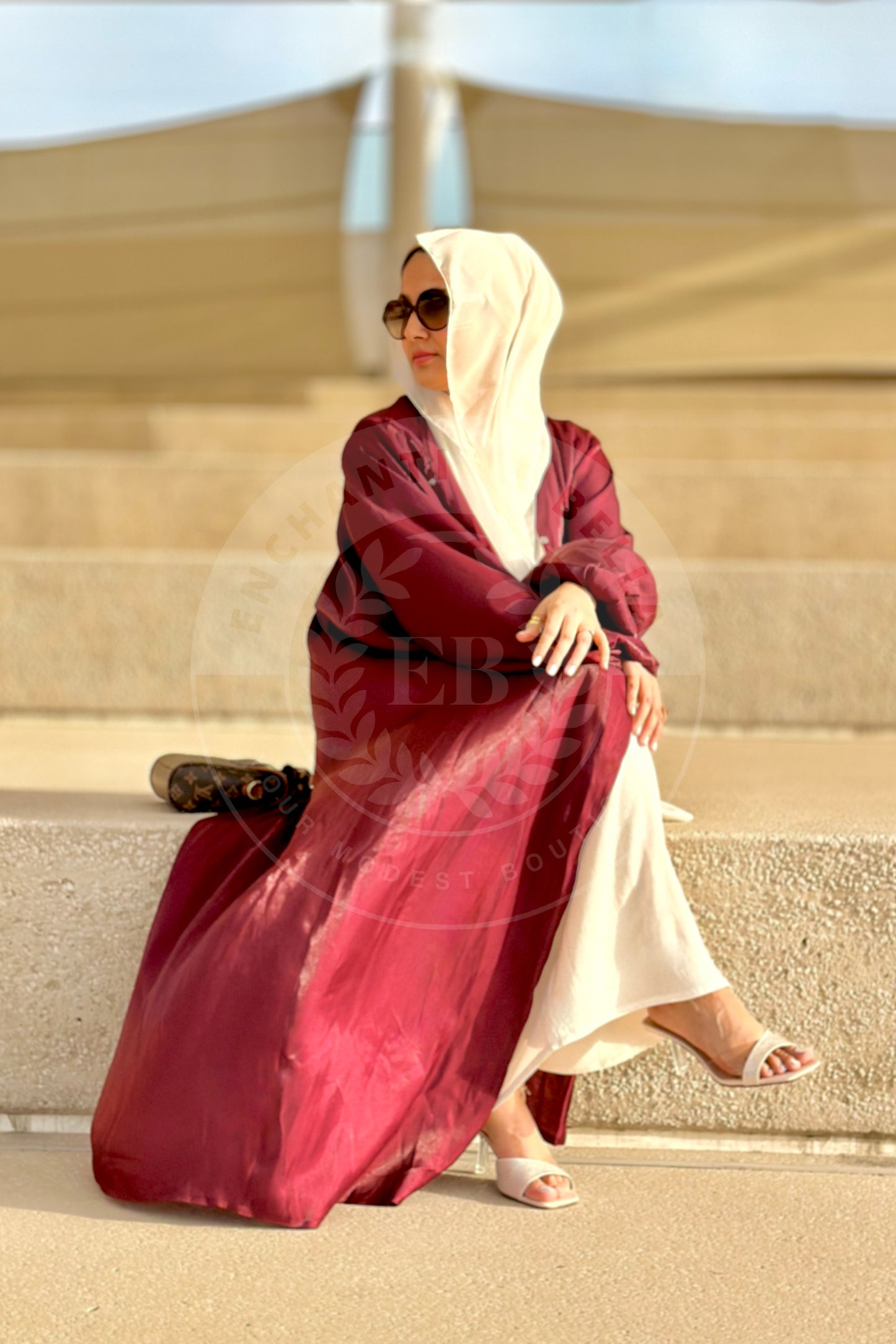 Maroon - Rotana Shimmer Balloon Sleeve Abaya with White under-dress