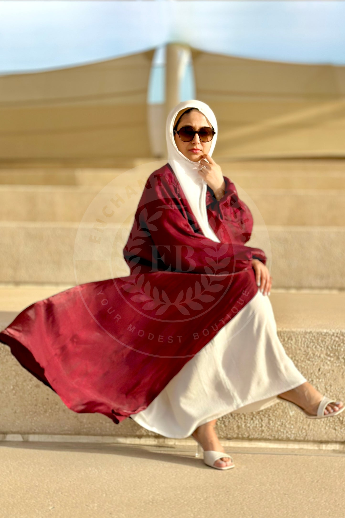 Maroon - Rotana Shimmer Balloon Sleeve Abaya with White under-dress