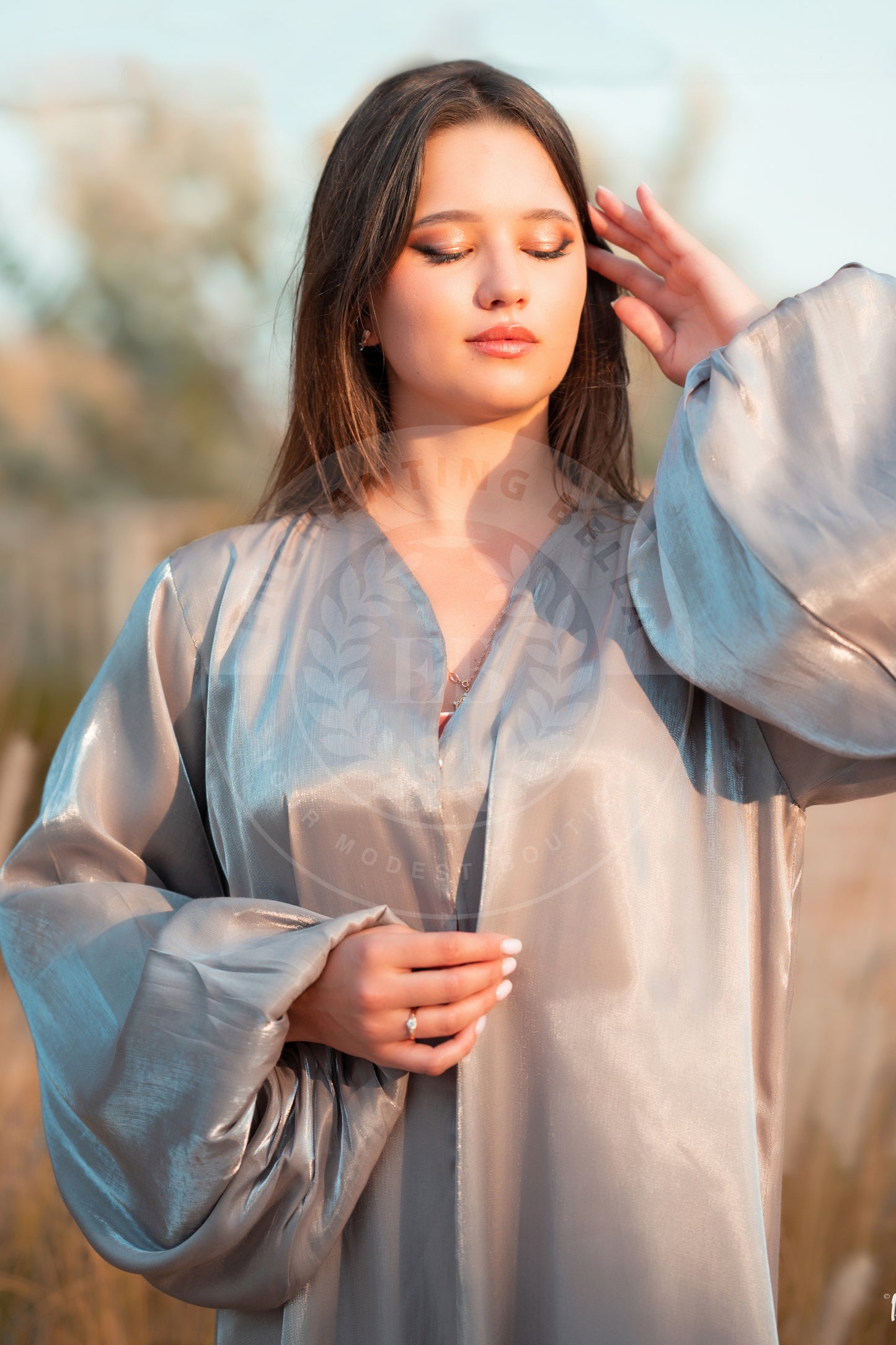 Grey Shimmer Balloon Sleeve Abaya with White under-dress