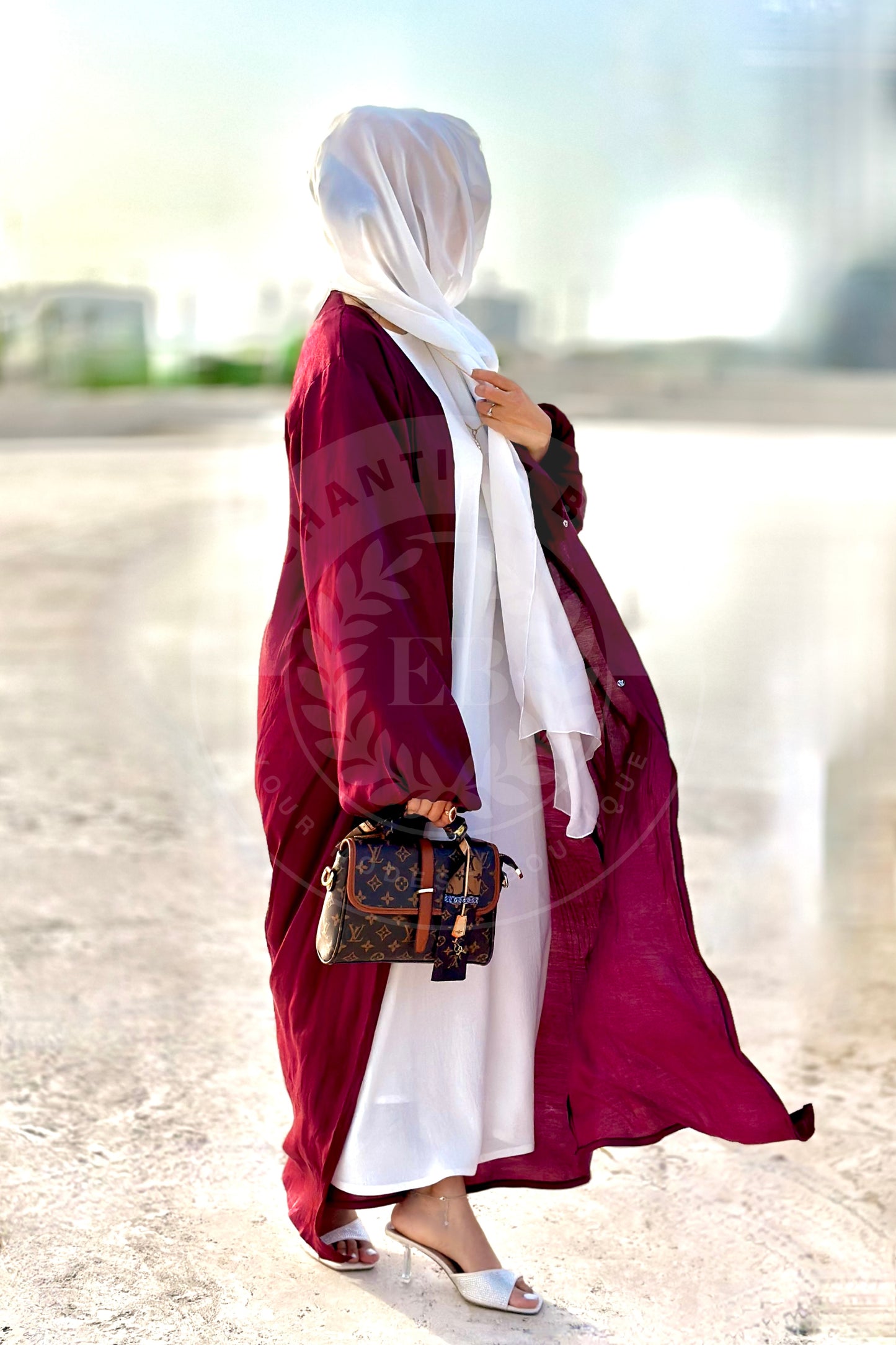 Maroon - Rotana Shimmer Balloon Sleeve Abaya with White under-dress