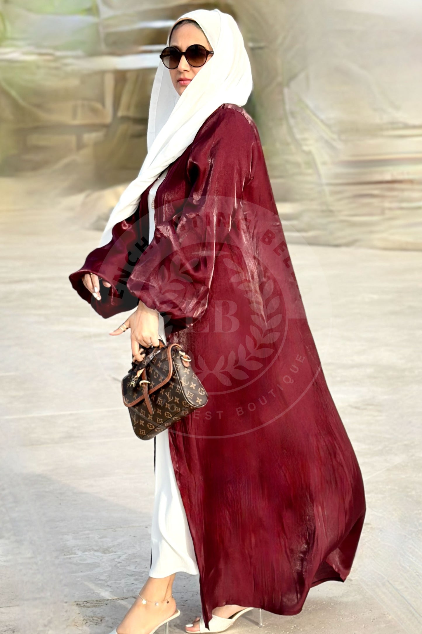 Maroon - Rotana Shimmer Balloon Sleeve Abaya with White under-dress