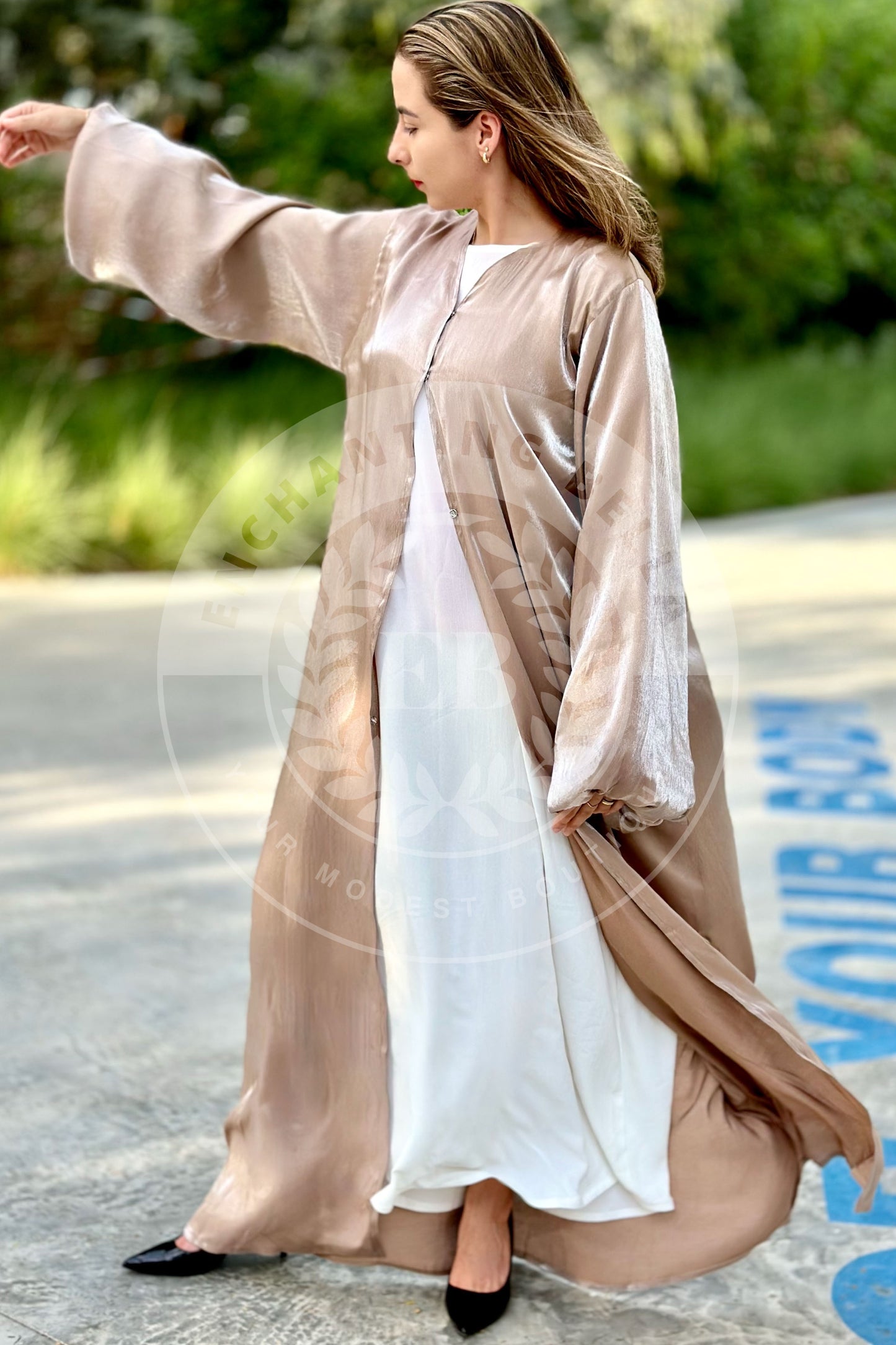 Beige - Rotana Shimmer Balloon Sleeve Abaya with White under-dress