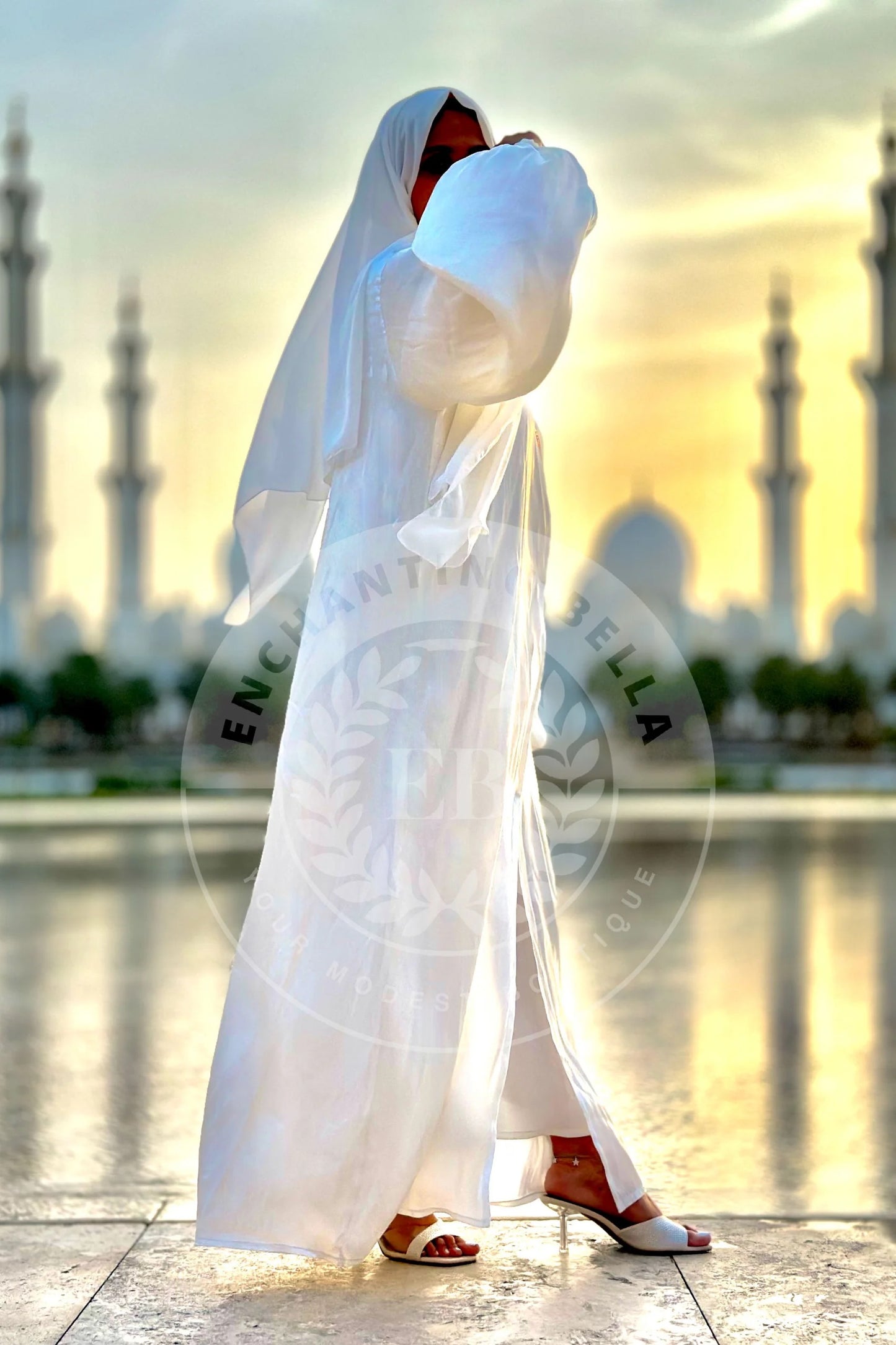 White Shimmer Balloon Sleeve Abaya with White under-dress