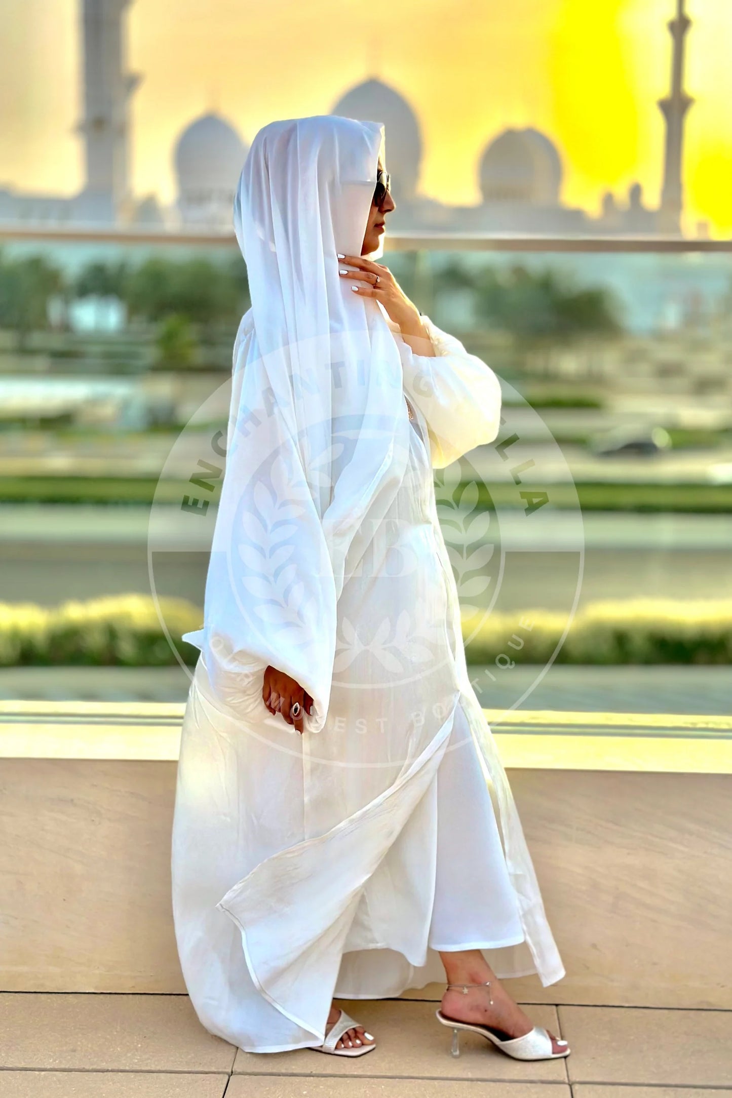 White Shimmer Balloon Sleeve Abaya with White under-dress